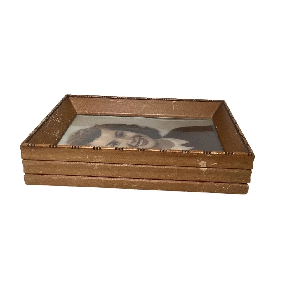 Vintage Small Wood Picture Frame Brown Velvet Easel Back Tabletop Decor 4x5